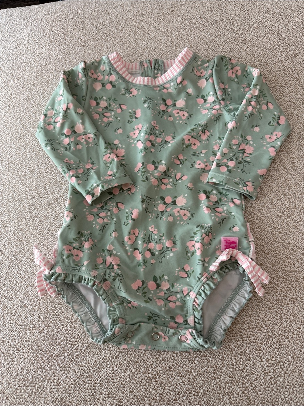 Ruffle Butts Green Floral Long-Sleeve One-Piece Swimsuit with Pink Trim